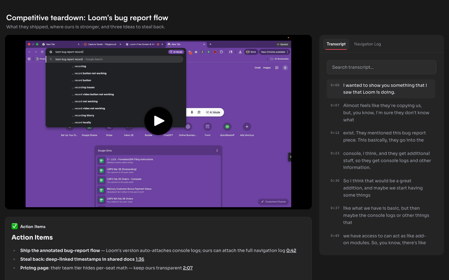 A branded Capture Sweet video page with player, tabbed transcript and navigation, and an AI action items document