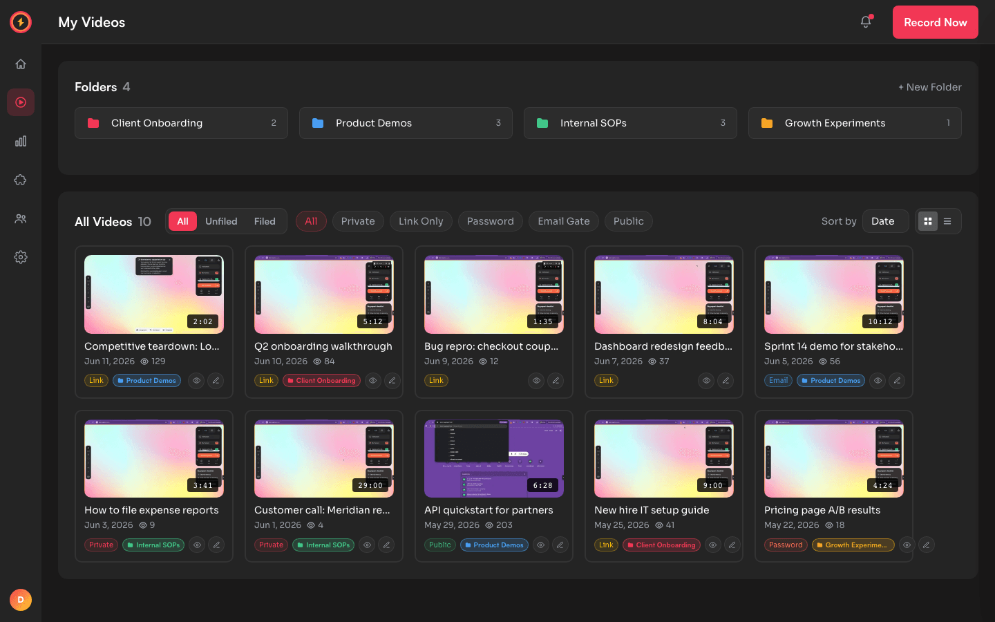 The Capture Sweet video library with folders carrying distinct privacy defaults